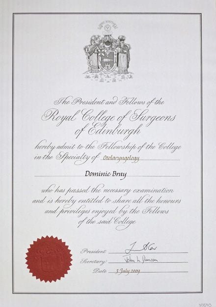 Royal College of Surgeons of Edinburgh certificate