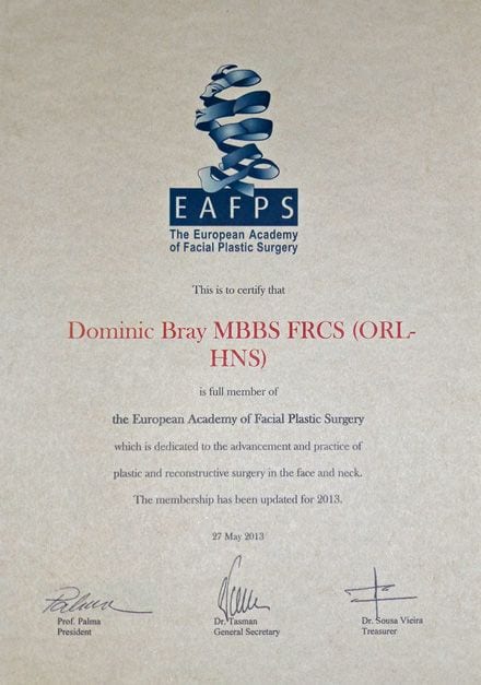 European Academy of Facial Plastic Surgery certificate