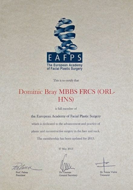 European Academy of Facial Plastic Surgery certificate